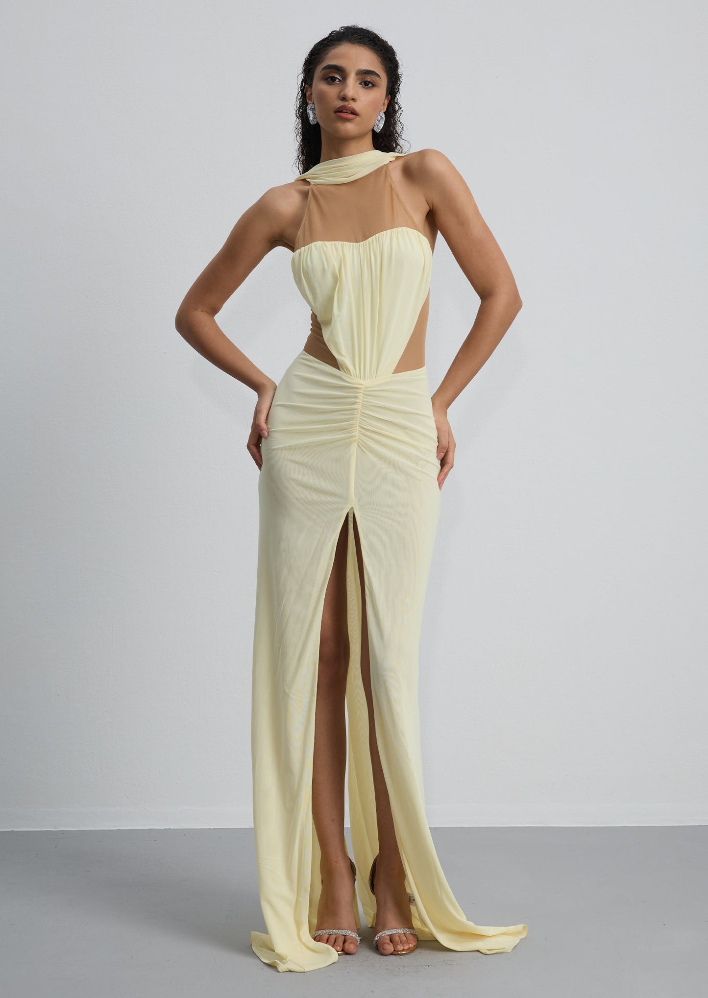 Ruched Halter Neck Slit Gown