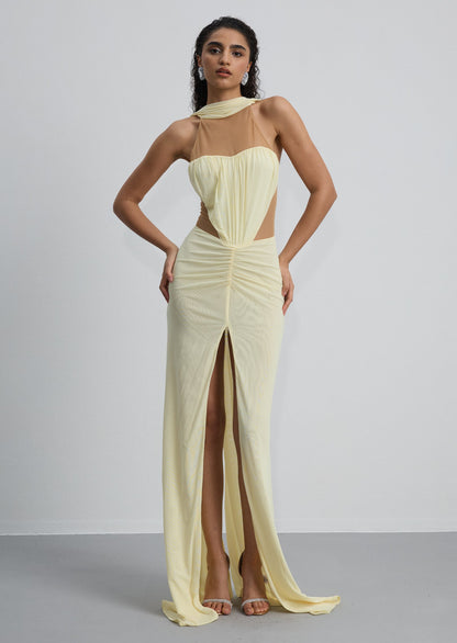 Ruched Halter Neck Slit Gown