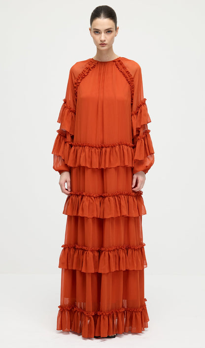 Ruffle Tiered Puff Sleeve Maxi Dress In Orange