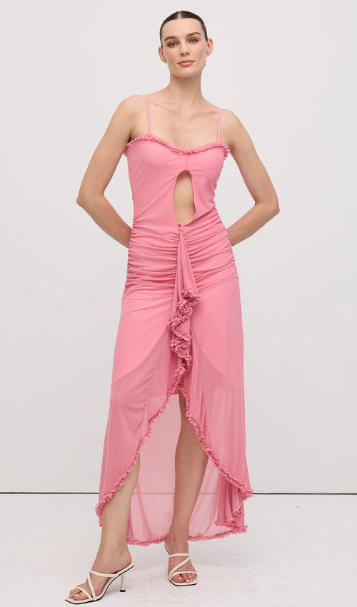 Ruffled Front Gown Maxi Dress Pink