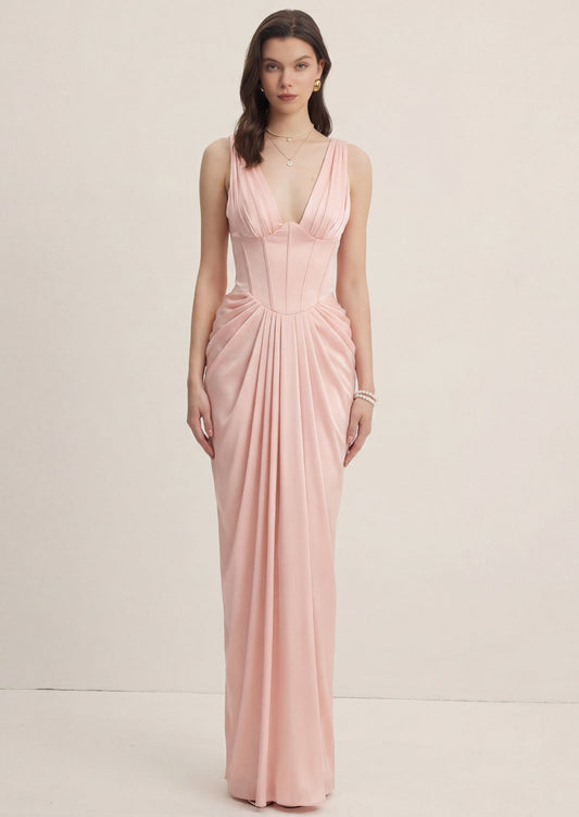 Satin Corset Maxi Dress In Blush