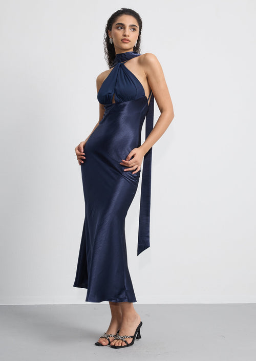 Satin Twist Front Halterneck Midi Dress
