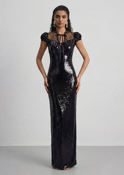 Sequin Cap Sleeve Gown With Lace Details