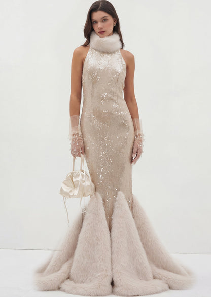 Sequin Maxi Dress With Fur