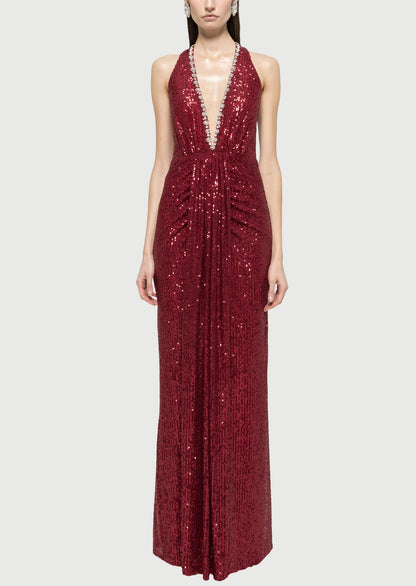 Sequined Halterneck Maxi Dress In Claret