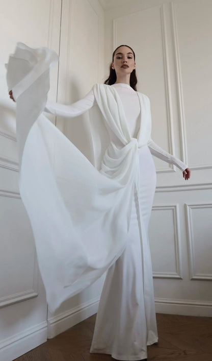 Shawl Ribbon Knotted Maxi Dress In White