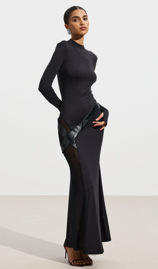 Sheer Patchwork Leather Lace-Up Maxi Dress