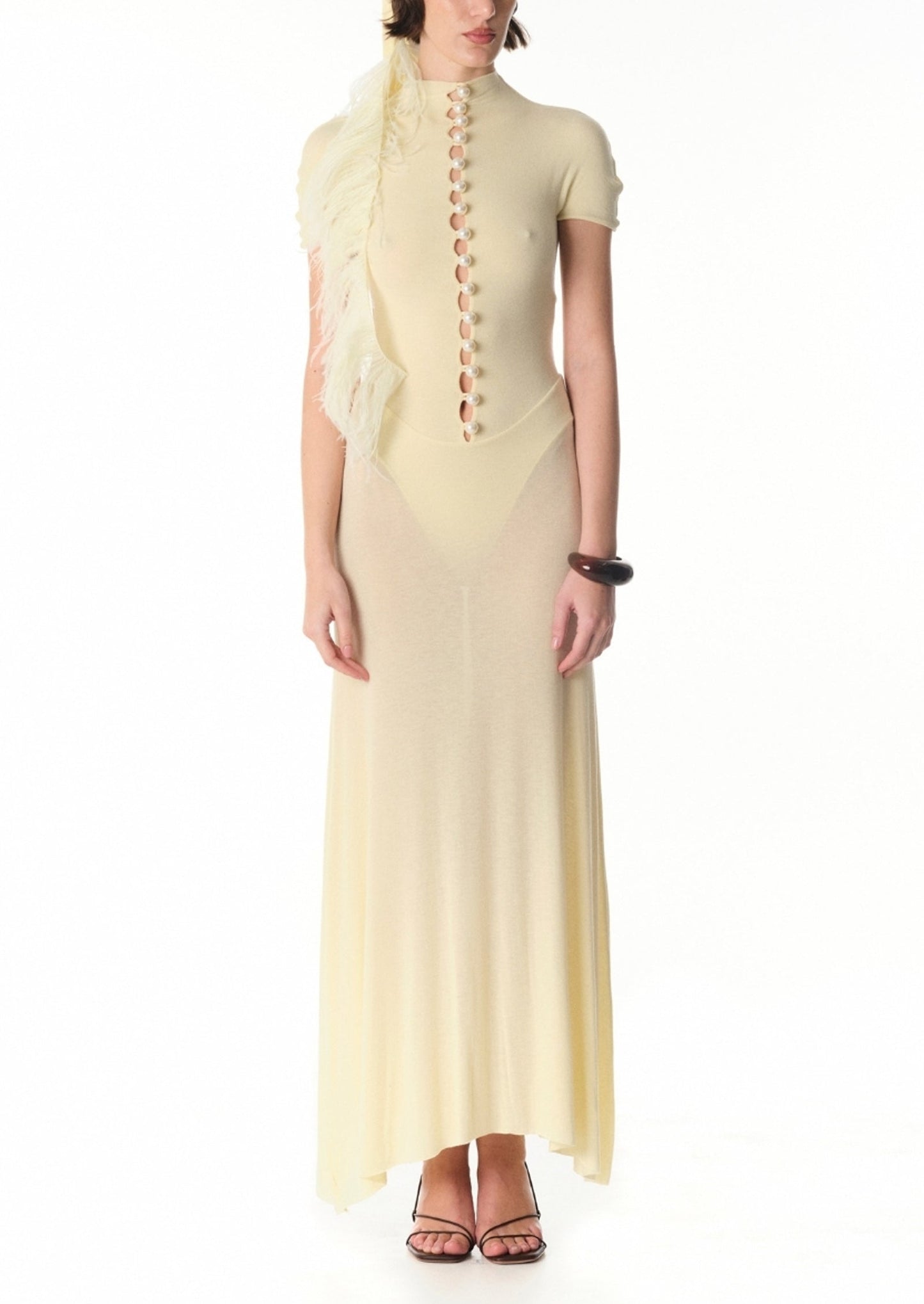 Short Sleeved Sheer Button Maxi Dress In Yellow
