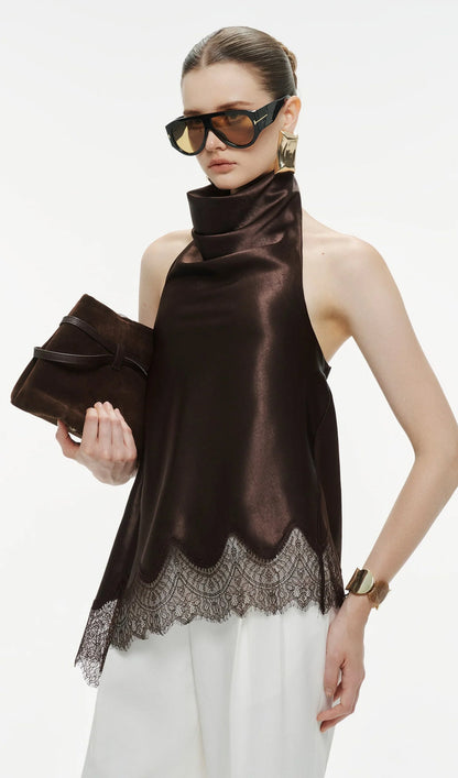 Silk Draped Halter Top In Brown