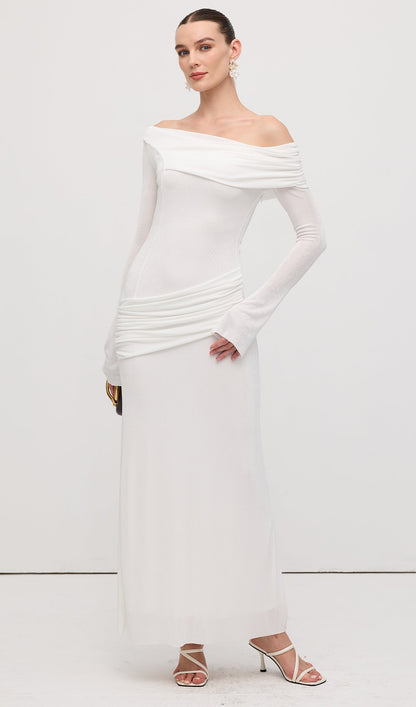 Single Jersey Knit  Draped Maxi Dress White