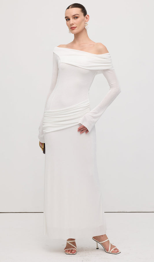 Single Jersey Knit  Draped Maxi Dress White