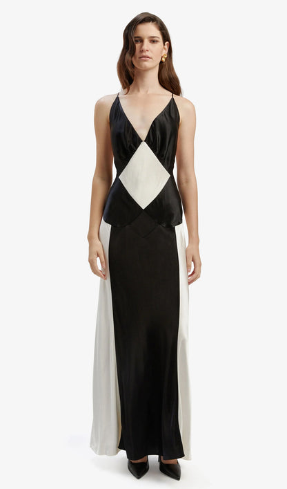 Sleeveless Contrast Maxi Dress In Black Ivory