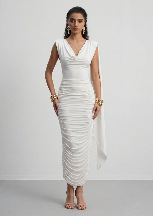 Sleeveless Draped Midi Dress With Cowl