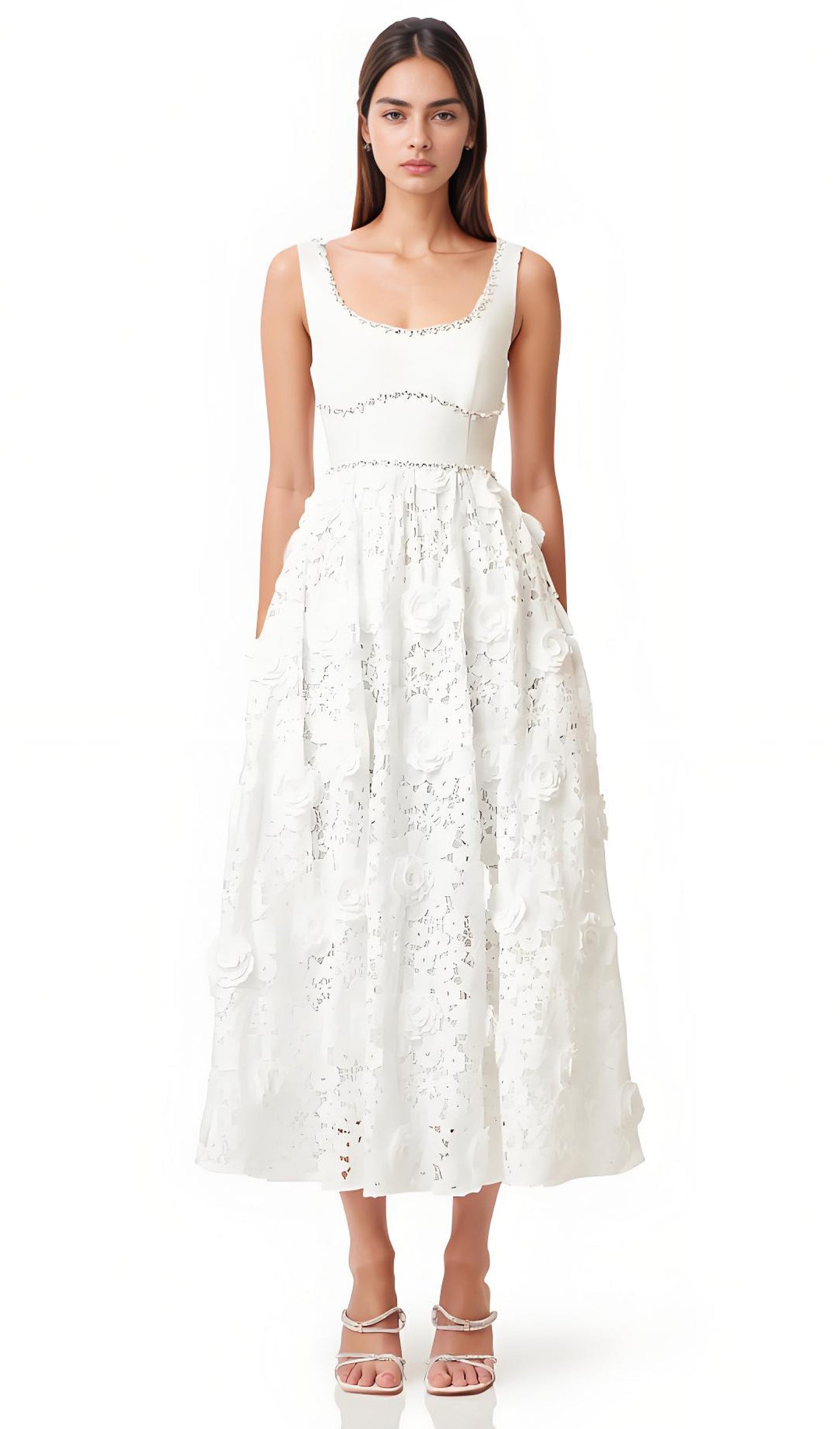 Sleeveless Embellished Lace Midi Dress