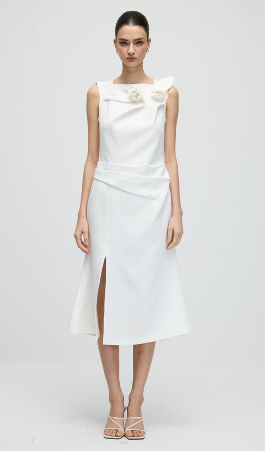 Sleeveless Flower Ruched Slit Midi Dress