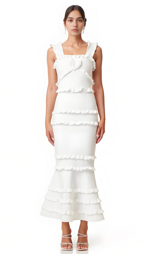 Sleeveless Frill Maxi Dress In White