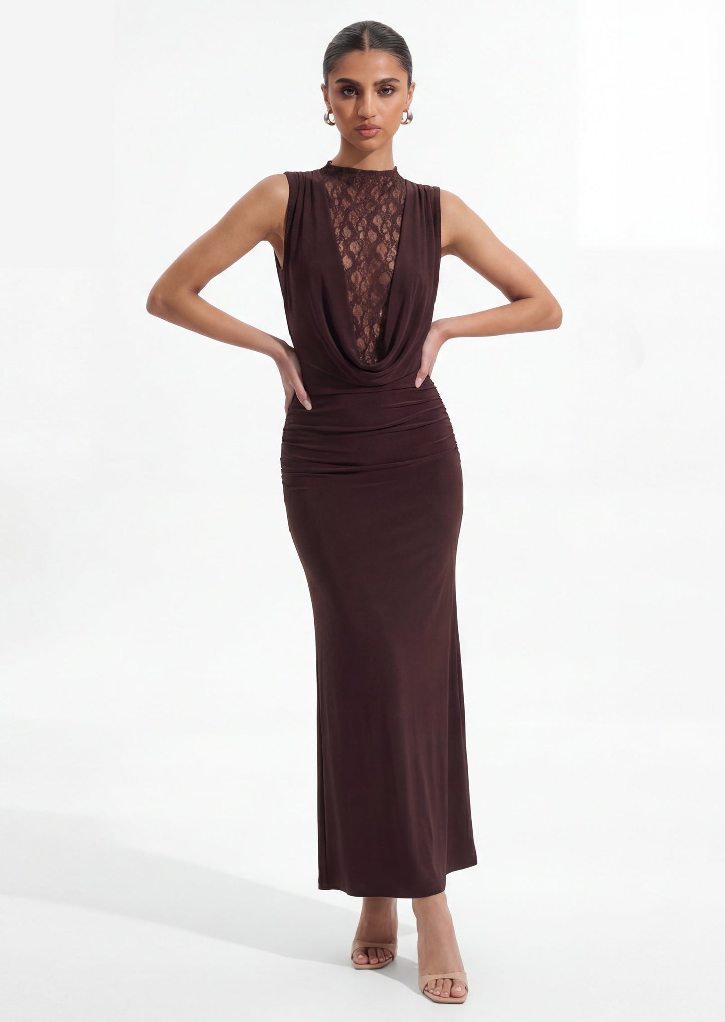 Sleeveless Lace Bodice Ruched Maxi Dress