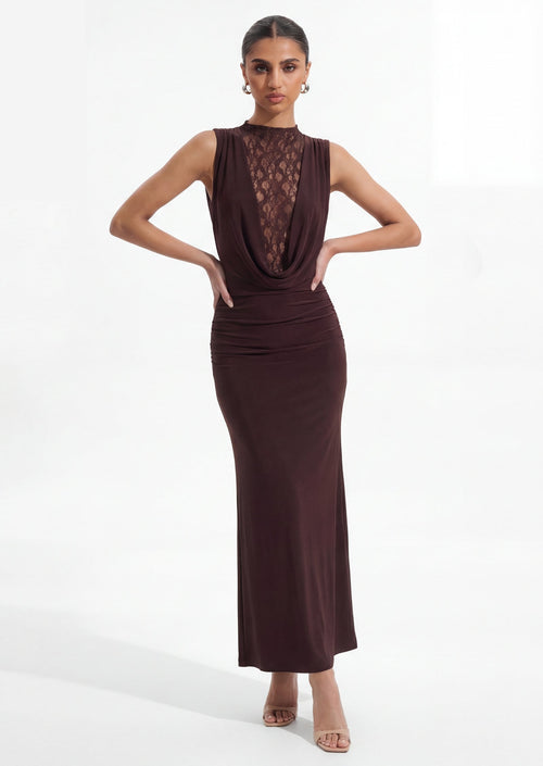 Sleeveless Lace Bodice Ruched Maxi Dress