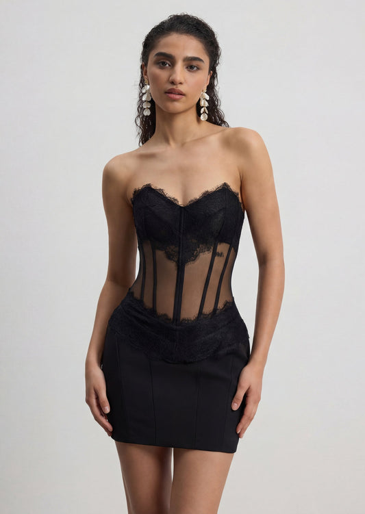 Sleeveless Mini Dress With Lace In Black