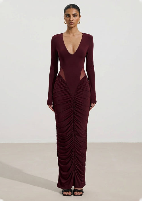 Slinky Long Sleeve Maxi Dress In Burgundy