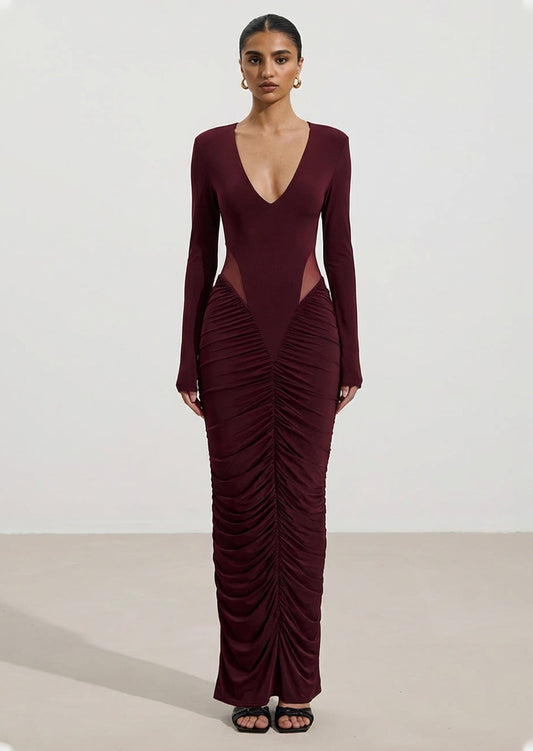 Slinky Long Sleeve Maxi Dress In Burgundy
