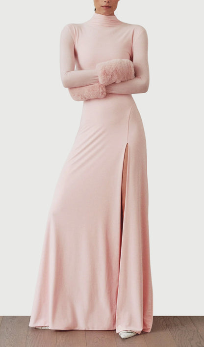 Slit Maxi Dress With Detachable Fur Details
