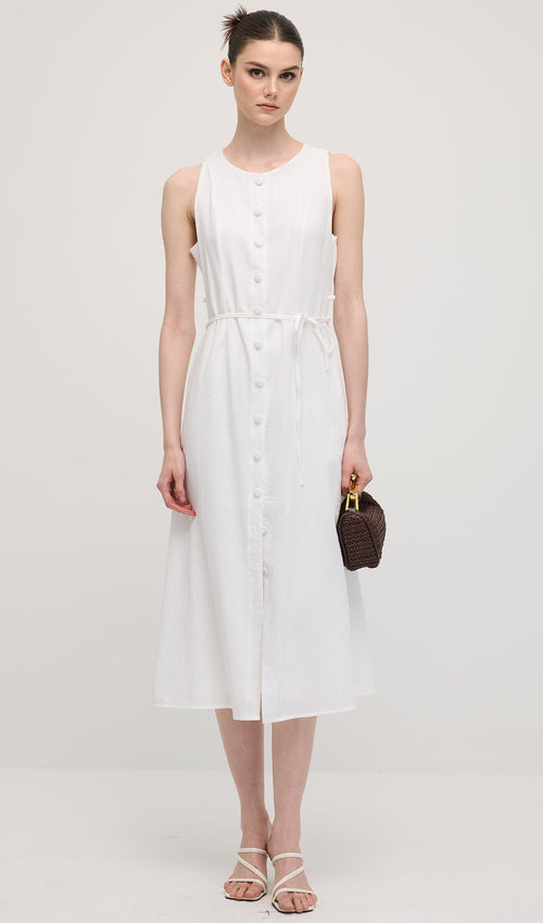 Solid Button Waistcoat Midi Dress In White