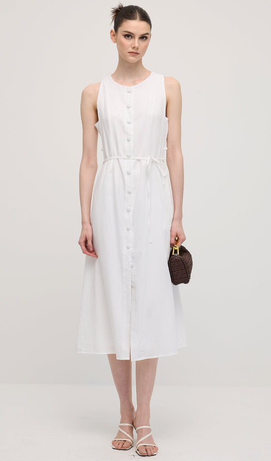 Solid Button Waistcoat Midi Dress In White