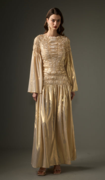 Solid Metallic Elasticated Gathers Maxi Dress