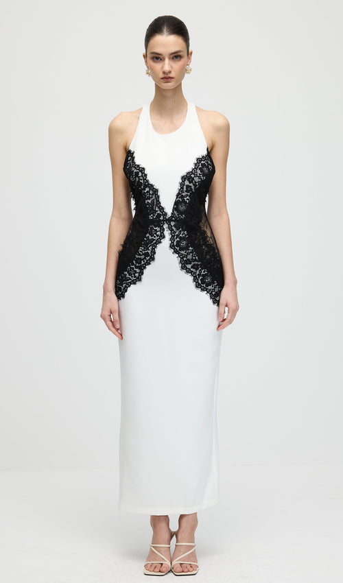 Solid Open Back Maxi Dress In Crepe & Lace