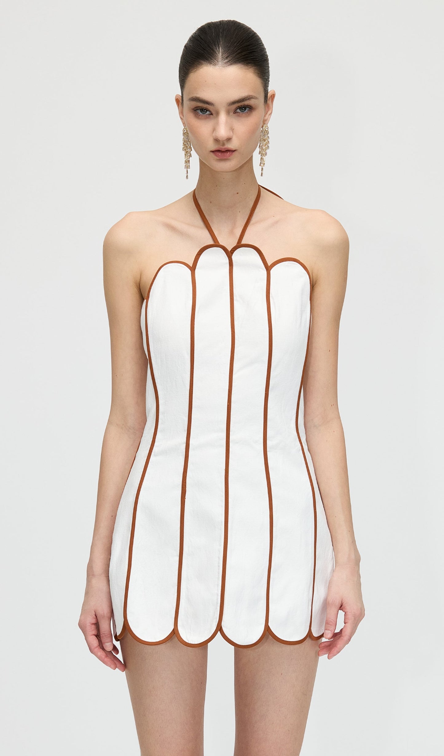 Solid Scalloped Linen Halter Mini Dress
