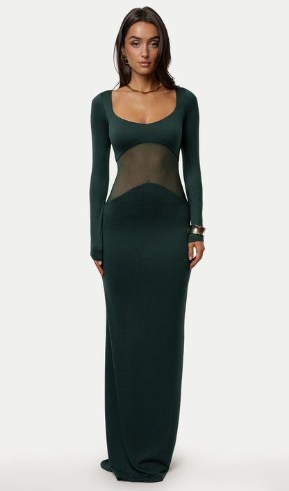 Solid Sheer Knit Curve Maxi Dress In Green