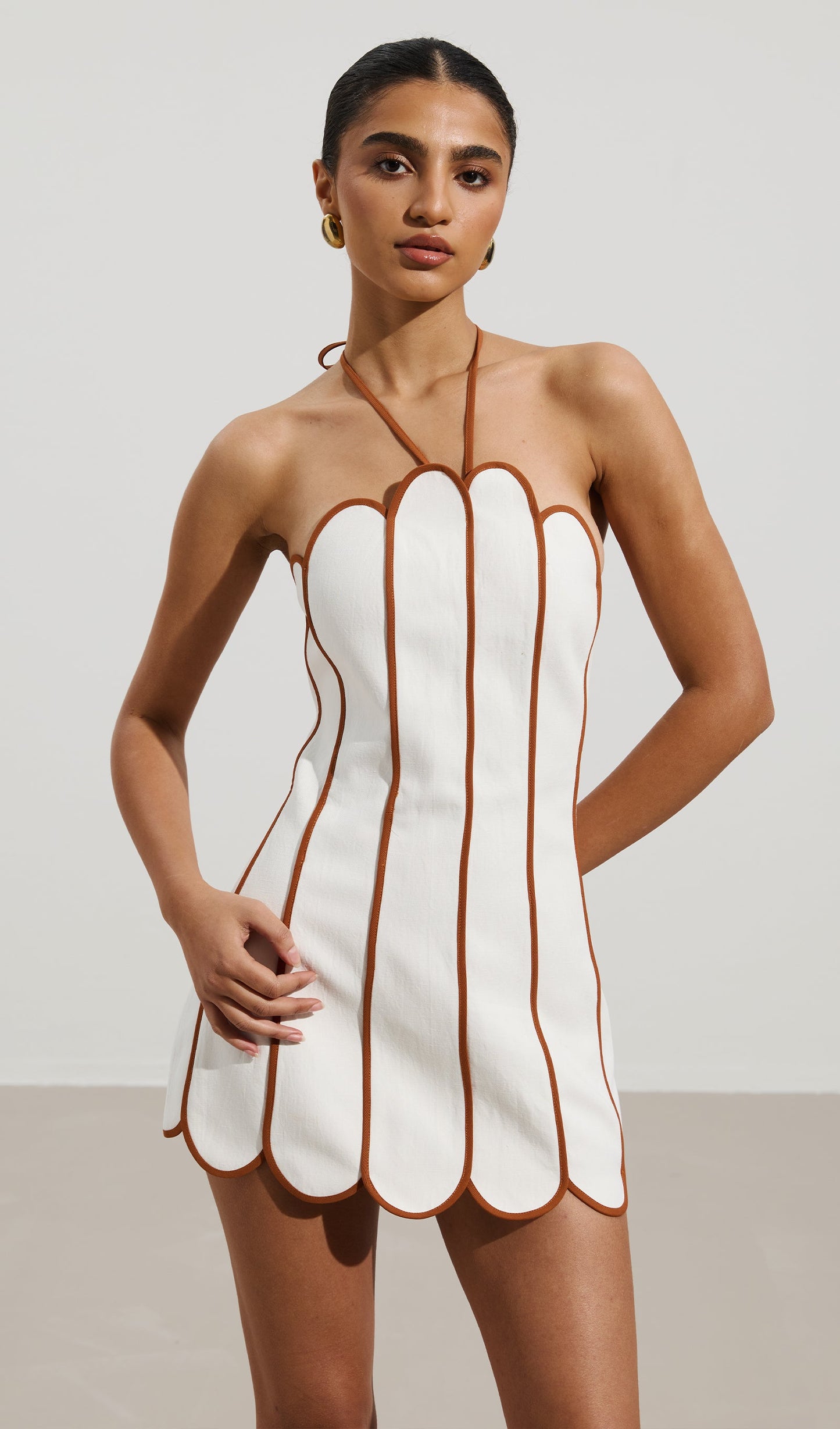 Solid Scalloped Linen Halter Mini Dress