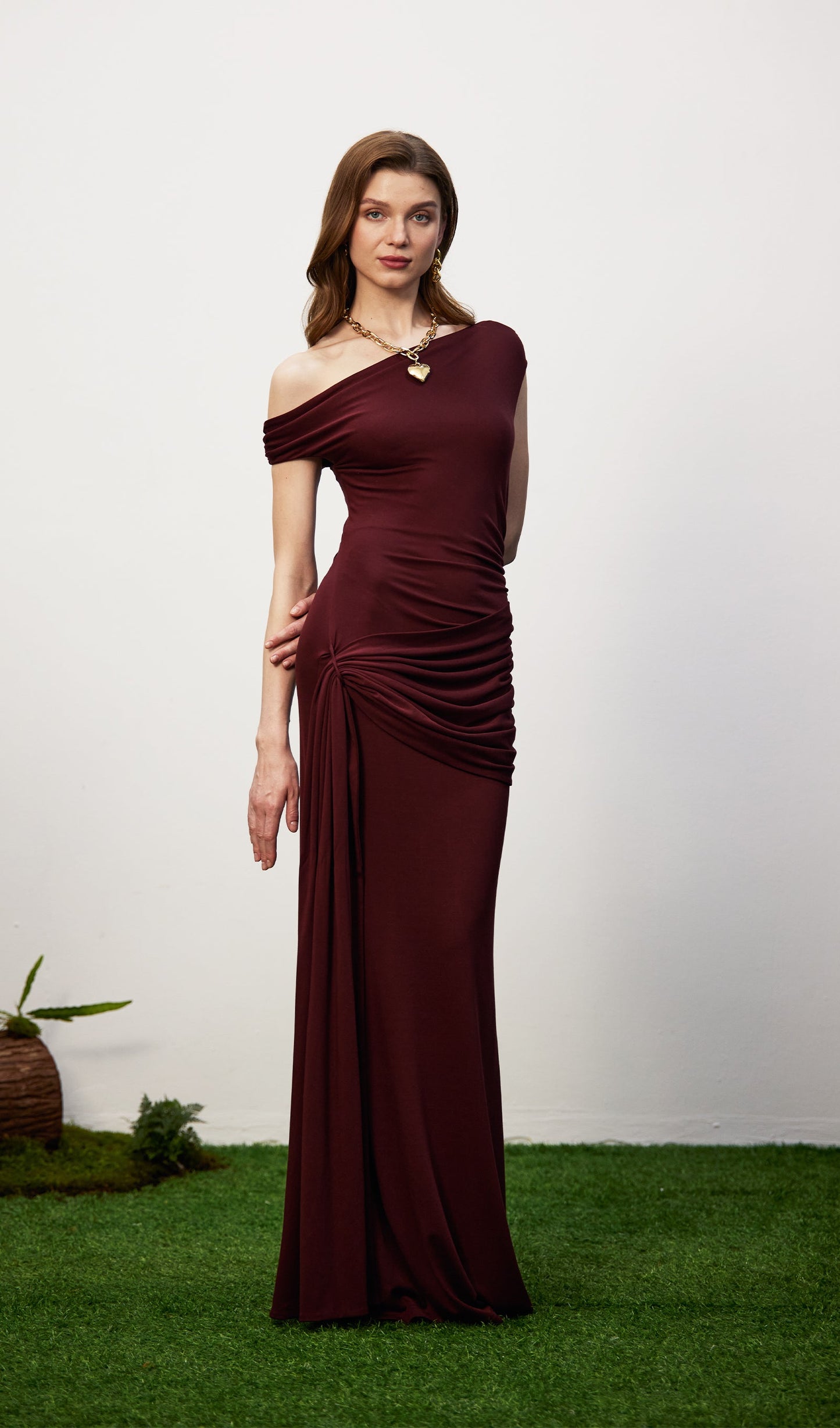 Solid Slinky Fishtail Maxi Dress - Mahogany