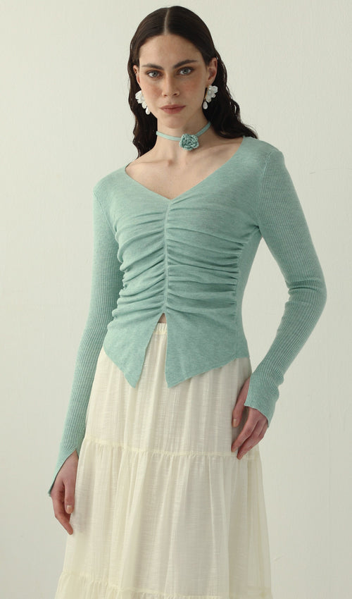 Solid V Neck Ruffled Knit Top