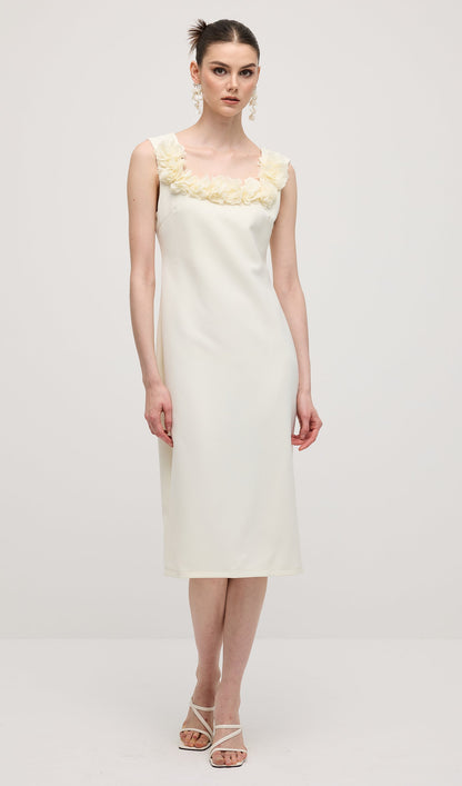 Square Neck 3D Petal Appliques Midi Dress