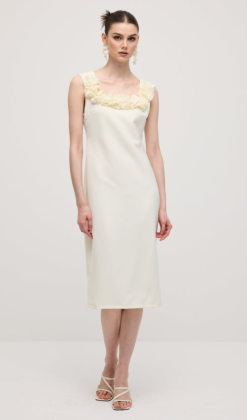 Square Neck 3D Petal Appliques Midi Dress