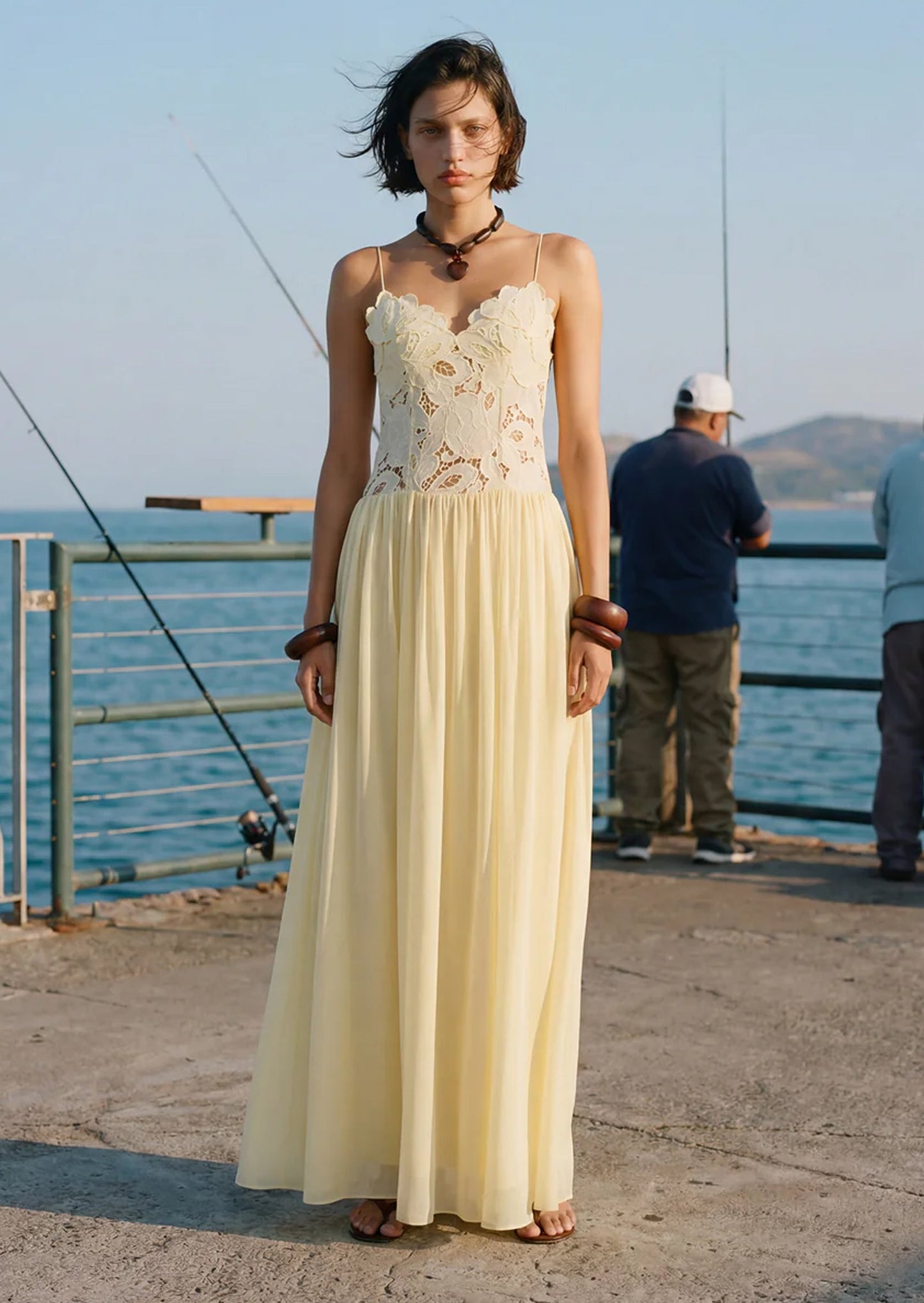 Stephanie Maxi Dress With Sheer Lace In Yellow