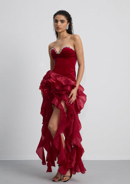 Strapless Ruffled Velvet Maxi Dress In Red