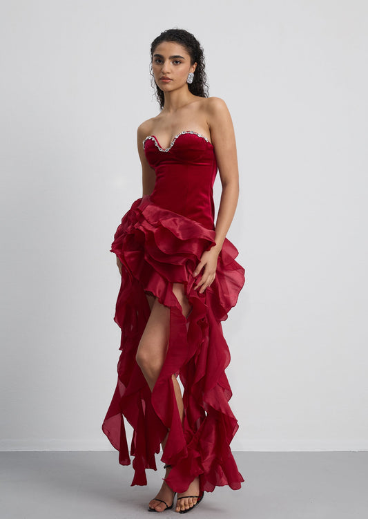 Strapless Ruffled Velvet Maxi Dress In Red