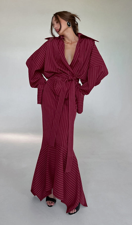 Striped Deep V Neck Tie-Up Maxi Skirt Two Piece Set