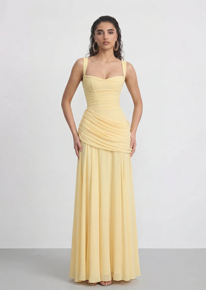 Sura Asymmetric Pleating Maxi Dress In lemon