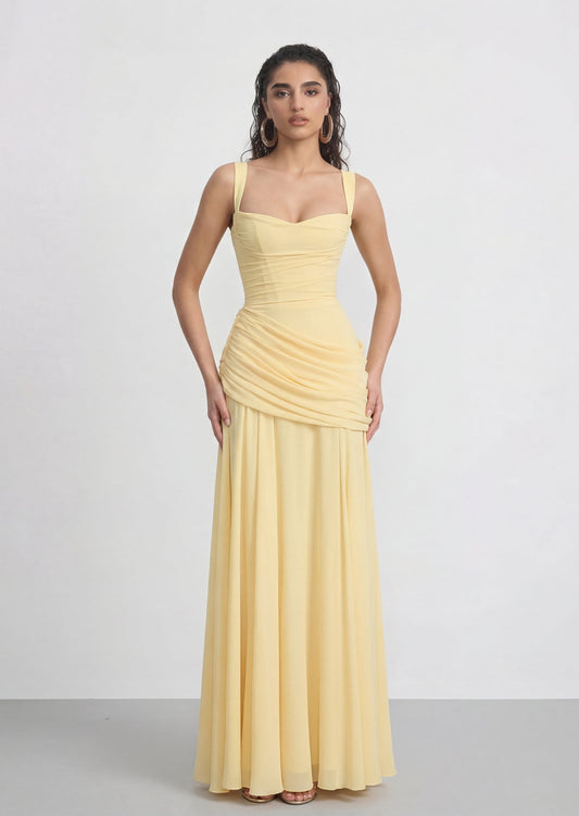 Sura Asymmetric Pleating Maxi Dress In lemon