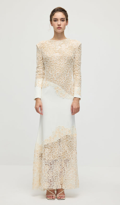Textured Floral Embroidered Sequined Maxi Dress In Ivory