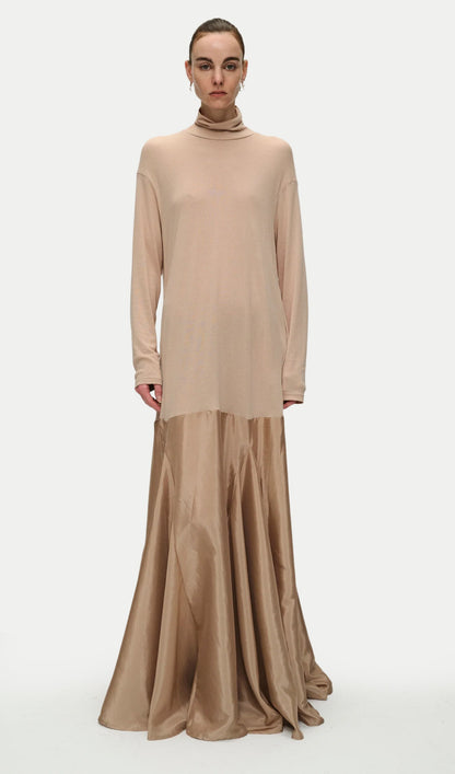 Turtleneck Long Sleeve Satin Maxi Dress In Beige