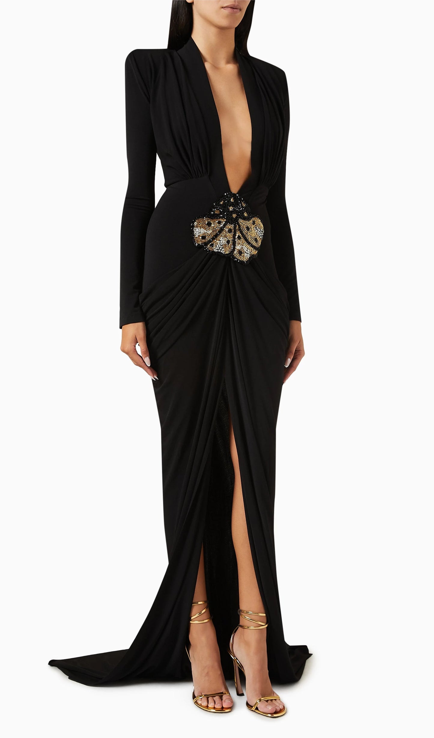 V-Neck Draped And Embroidery Evening Dress