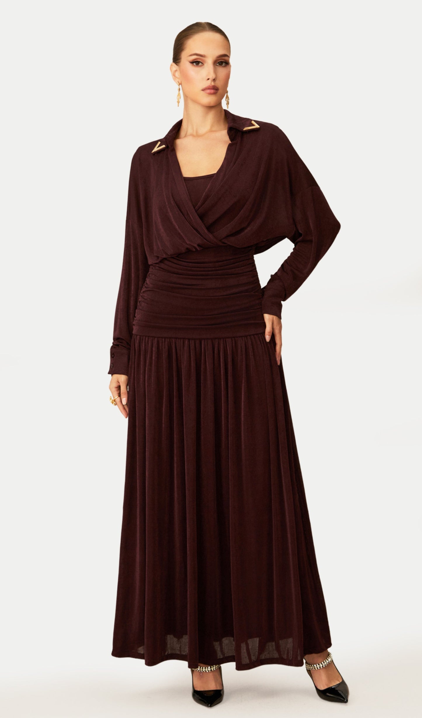 V Neck Ruched Waist Maxi Dress