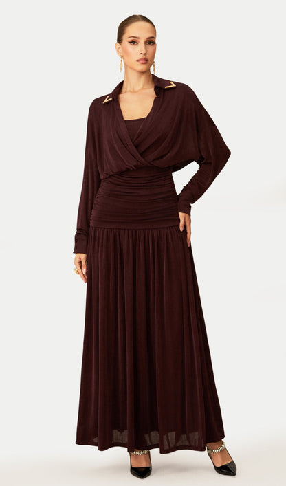 V Neck Ruched Waist Maxi Dress