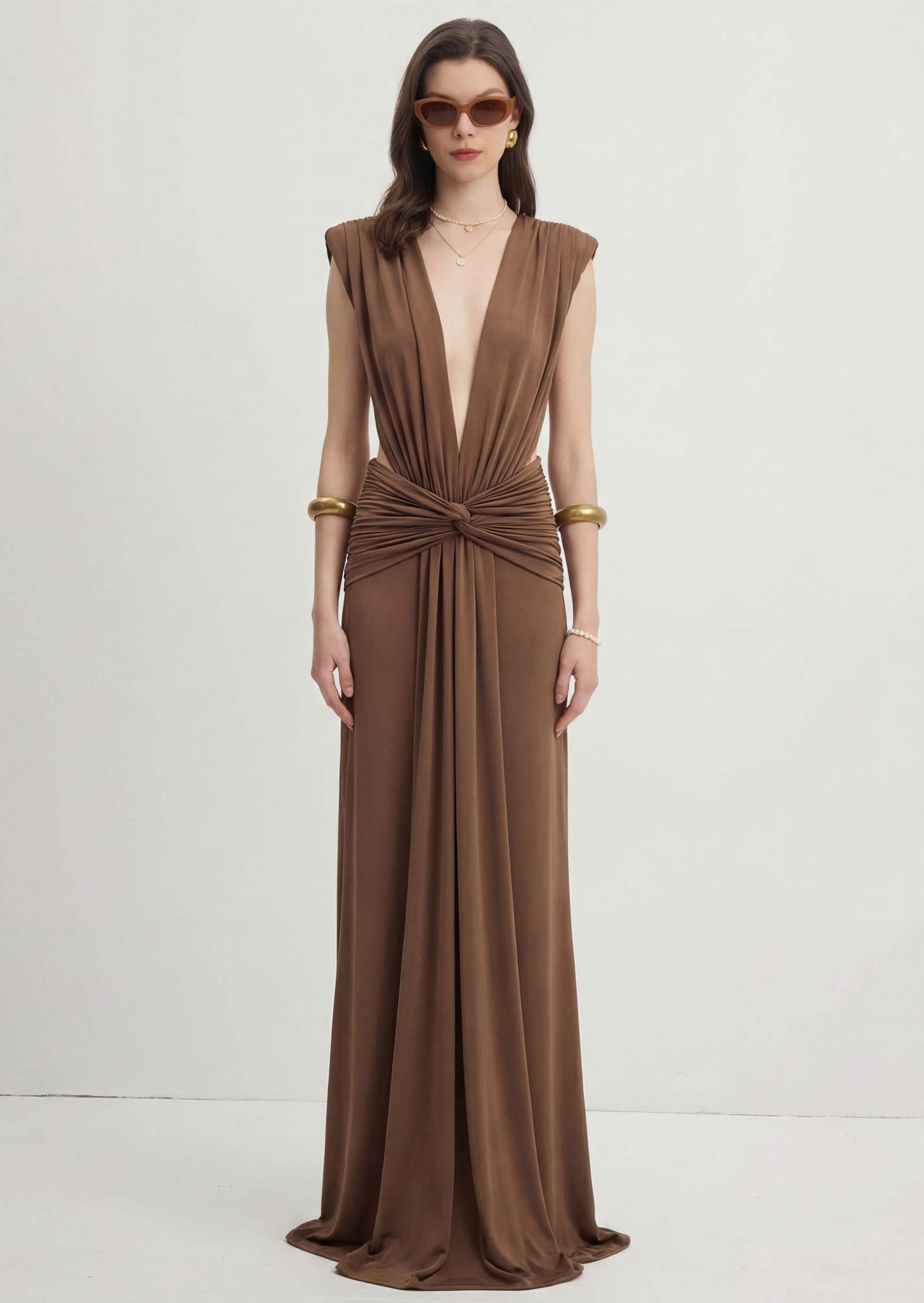 V-Neckline Open Back Maxi Dress With Daped Details