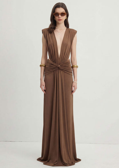 V-Neckline Open Back Maxi Dress With Daped Details